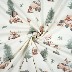 100% Baumwolle Tiere im Wald auf ecrufarbenem Hintergrund