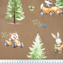 100% Baumwolle Tiere im Wald auf braunem Hintergrund