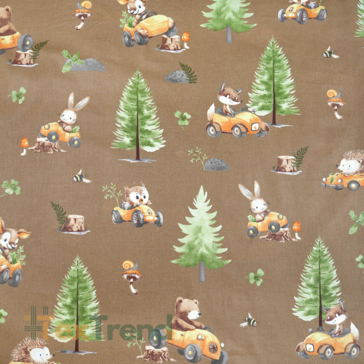 100% Baumwolle Tiere im Wald auf braunem Hintergrund