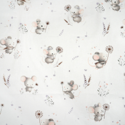 100% Baumwolle mit Mäusen und Pusteblumen auf weißem Hintergrund