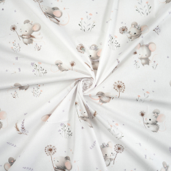 100% Baumwolle mit Mäusen und Pusteblumen auf weißem Hintergrund