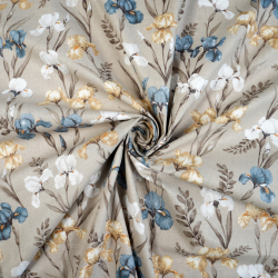 100% Baumwolle mit Irisblumen auf beigem Hintergrund