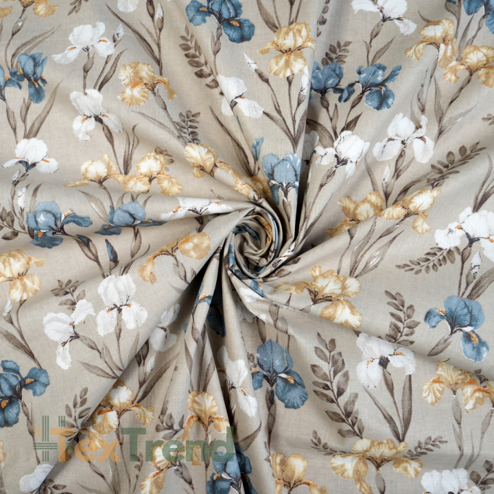 100% Baumwolle mit Irisblumen auf beigem Hintergrund