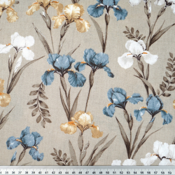 100% Baumwolle mit Irisblumen auf beigem Hintergrund