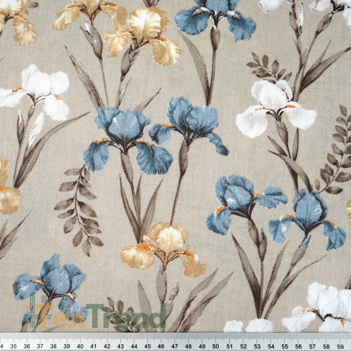 100% Baumwolle mit Irisblumen auf beigem Hintergrund