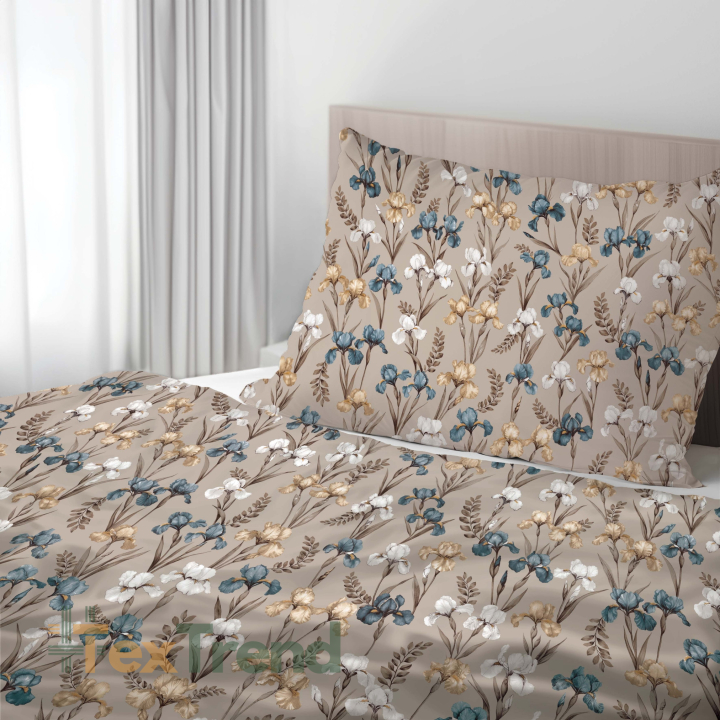 100% Baumwolle mit Irisblumen auf beigem Hintergrund