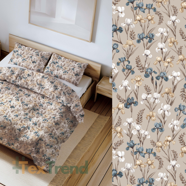 100% Baumwolle mit Irisblumen auf beigem Hintergrund