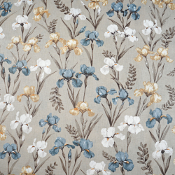 100% Baumwolle mit Irisblumen auf beigem Hintergrund