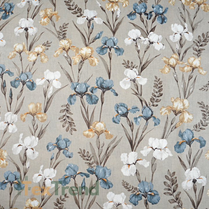 100% Baumwolle mit Irisblumen auf beigem Hintergrund