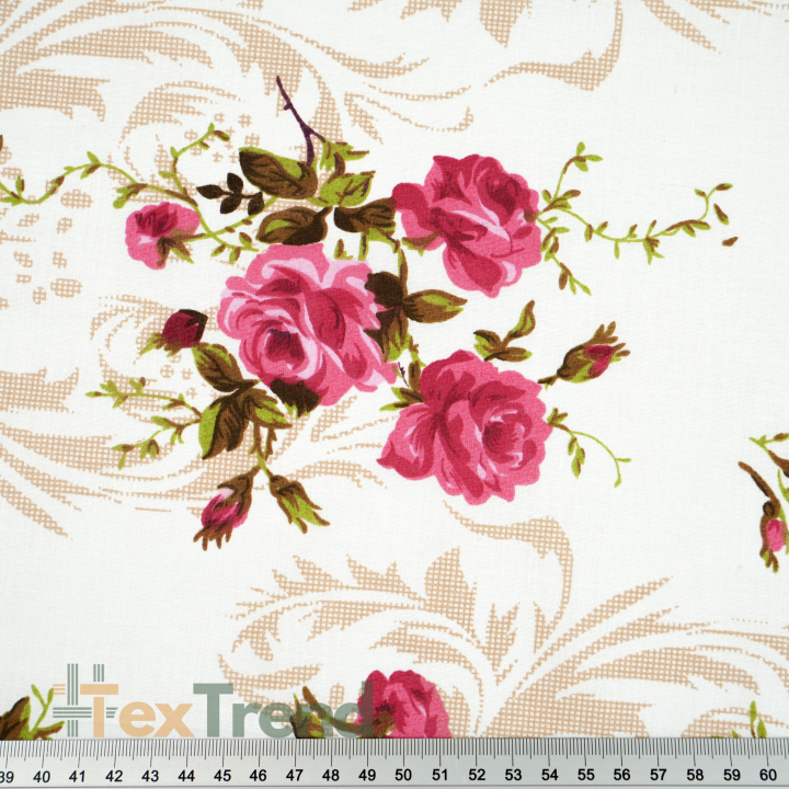 100% Baumwolle mit rosa Rosen und Ornamenten auf weißem Hintergrund