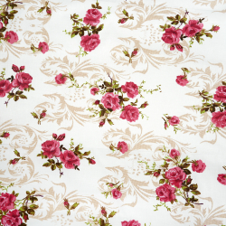 100% Baumwolle mit rosa Rosen und Ornamenten auf weißem Hintergrund