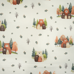 100% Baumwolle Tiere Bären Familie im herbstlichen Wald auf ecrufarbenem Hintergrund
