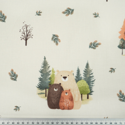 100% Baumwolle Tiere Bären Familie im herbstlichen Wald auf ecrufarbenem Hintergrund