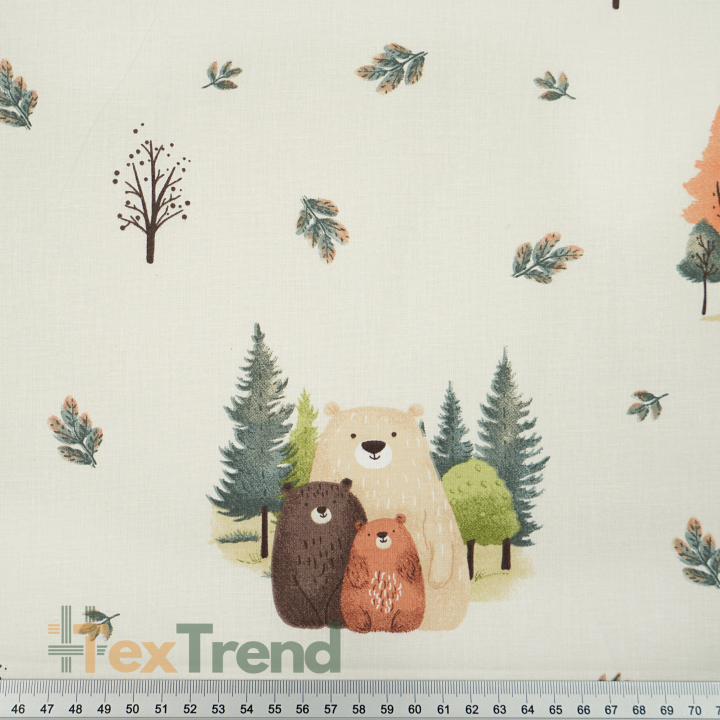 100% Baumwolle Tiere Bären Familie im herbstlichen Wald auf ecrufarbenem Hintergrund