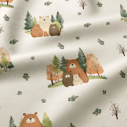 100% Baumwolle Tiere Bären Familie im herbstlichen Wald auf ecrufarbenem Hintergrund