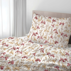 100% Baumwolle mit bordauxfarbenen Irisblumen auf weißem Hintergrund