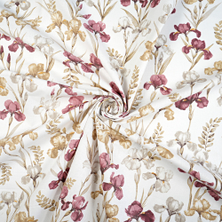 100% Baumwolle mit bordauxfarbenen Irisblumen auf weißem Hintergrund