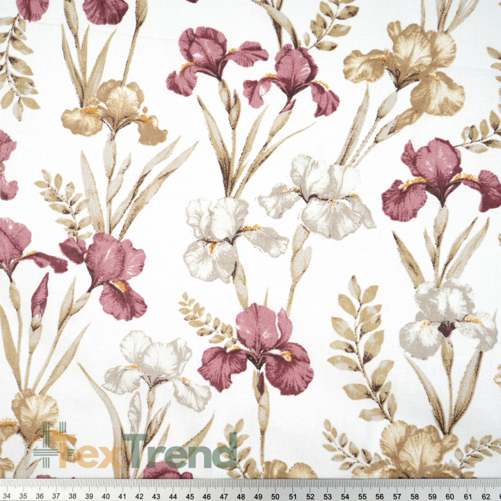 100% Baumwolle mit bordauxfarbenen Irisblumen auf weißem Hintergrund