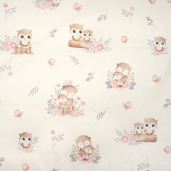 100% Baumwolle Eulen mit Blumen auf hellpfirsichfarbenem Hintergrund