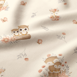 100% Baumwolle Eulen mit Blumen auf hellpfirsichfarbenem Hintergrund