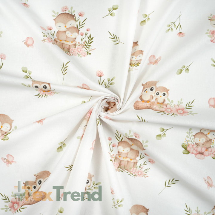 100% Baumwolle Eulen mit Blumen auf weißem Hintergrund