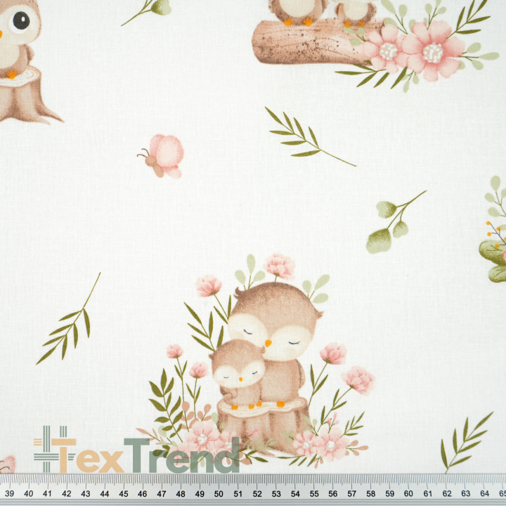 100% Baumwolle Eulen mit Blumen auf weißem Hintergrund