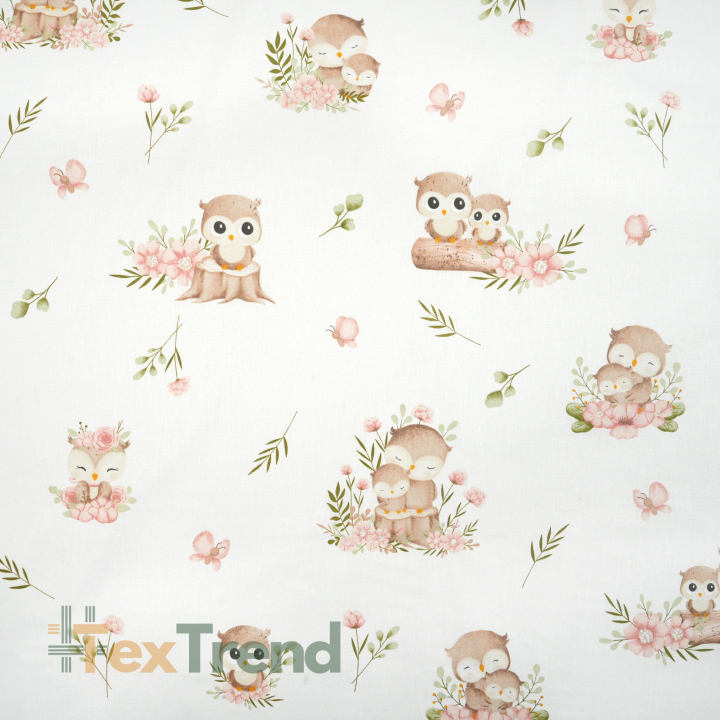 100% Baumwolle Eulen mit Blumen auf weißem Hintergrund