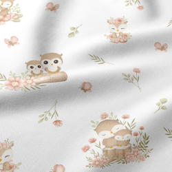 100% Baumwolle Eulen mit Blumen auf weißem Hintergrund
