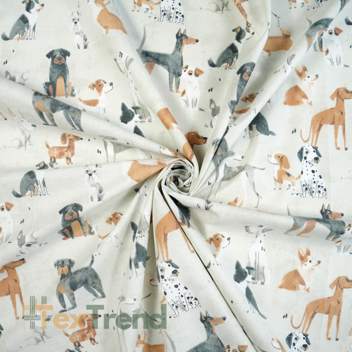 100% Baumwolle mit Rassehunden auf hellgrauem Hintergrund