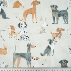 100% Baumwolle mit Rassehunden auf hellgrauem Hintergrund