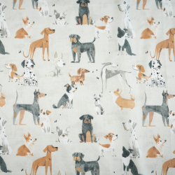 100% Baumwolle mit Rassehunden auf hellgrauem Hintergrund