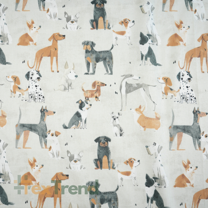 100% Baumwolle mit Rassehunden auf hellgrauem Hintergrund
