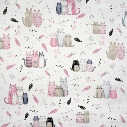 100% Baumwolle mit rosa-beigen Katzen auf weißem Hintergrund