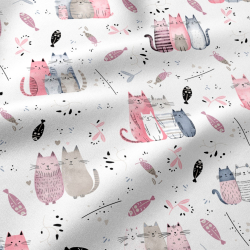 100% Baumwolle mit rosa-beigen Katzen auf weißem Hintergrund