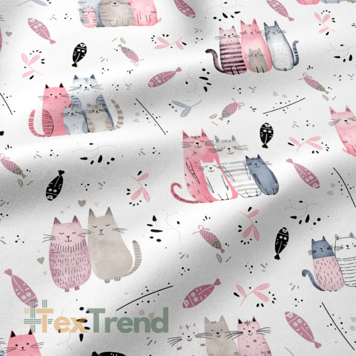 100% Baumwolle mit rosa-beigen Katzen auf weißem Hintergrund