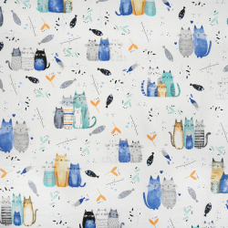 100% Baumwolle Katzen türkisblau auf weißem Hintergrund