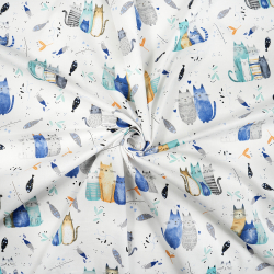 100% Baumwolle Katzen türkisblau auf weißem Hintergrund