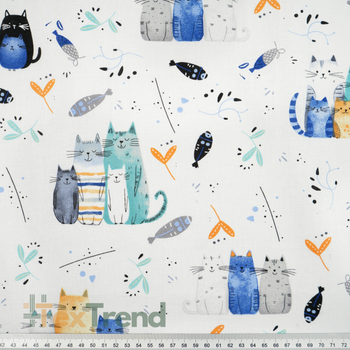 100% Baumwolle Katzen türkisblau auf weißem Hintergrund