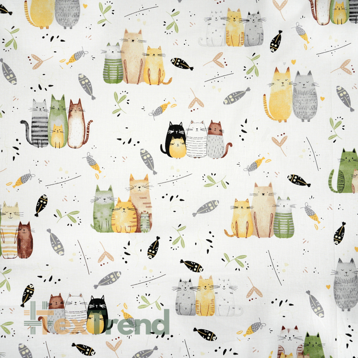 100% Baumwolle mit grün-beigen Katzen auf weißem Hintergrund
