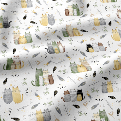 100% Baumwolle mit grün-beigen Katzen auf weißem Hintergrund