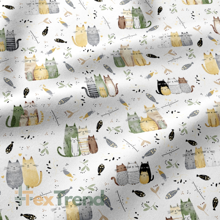 100% Baumwolle mit grün-beigen Katzen auf weißem Hintergrund