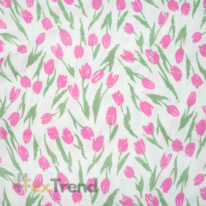 Doppel-Gaze bedruckt mit großen rosa Tulpen