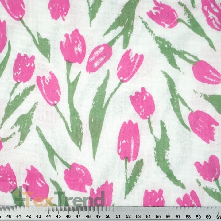 Doppel-Gaze bedruckt mit großen rosa Tulpen