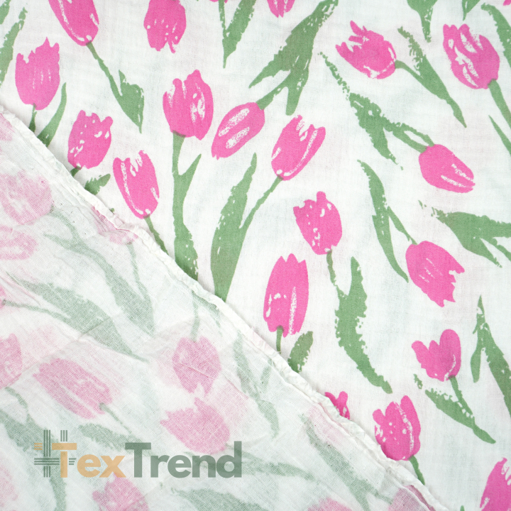 Doppel-Gaze bedruckt mit großen rosa Tulpen