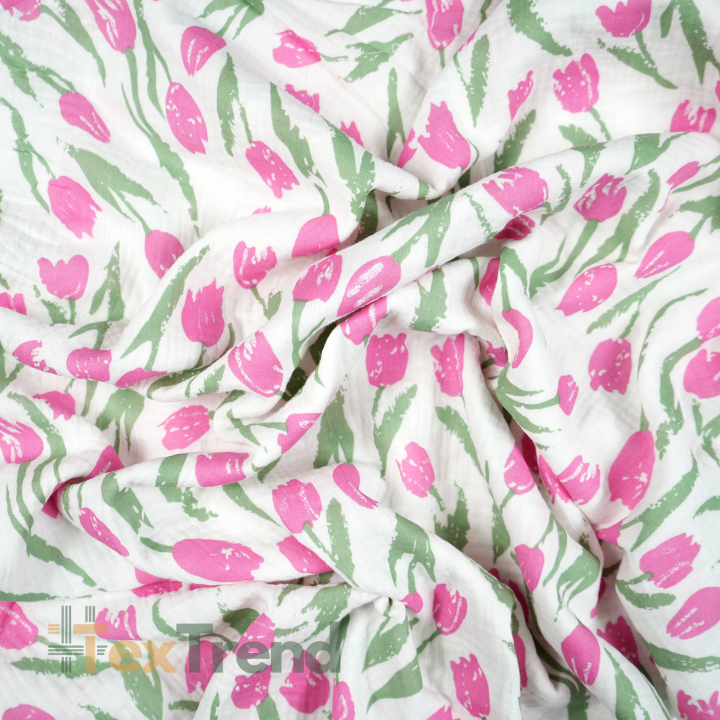 Doppel-Gaze bedruckt mit großen rosa Tulpen