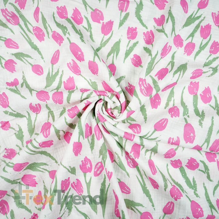 Doppel-Gaze bedruckt mit großen rosa Tulpen