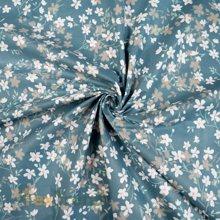 100% Baumwolle mit weißen Blumen auf jeansblauem Hintergrund - 220 cm