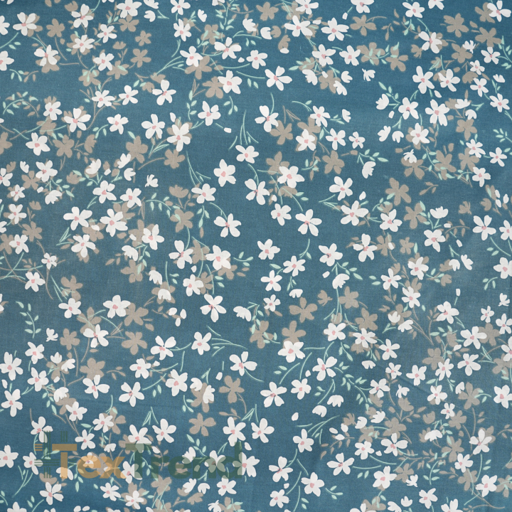100% Baumwolle mit weißen Blumen auf jeansblauem Hintergrund - 220 cm