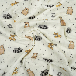 Muslin Double Gauze mit Füchsen und Waschbären auf Ecru