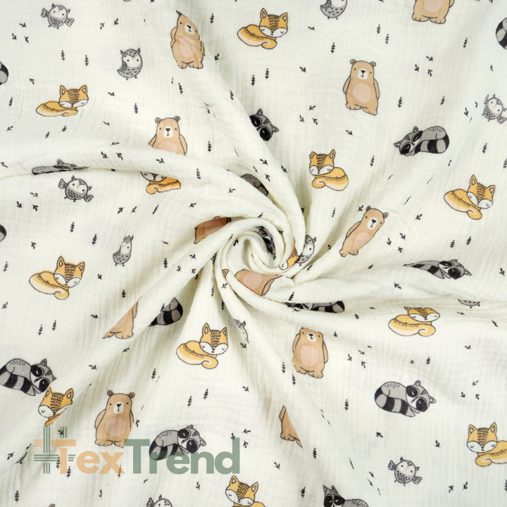 Muslin Double Gauze mit Füchsen und Waschbären auf Ecru